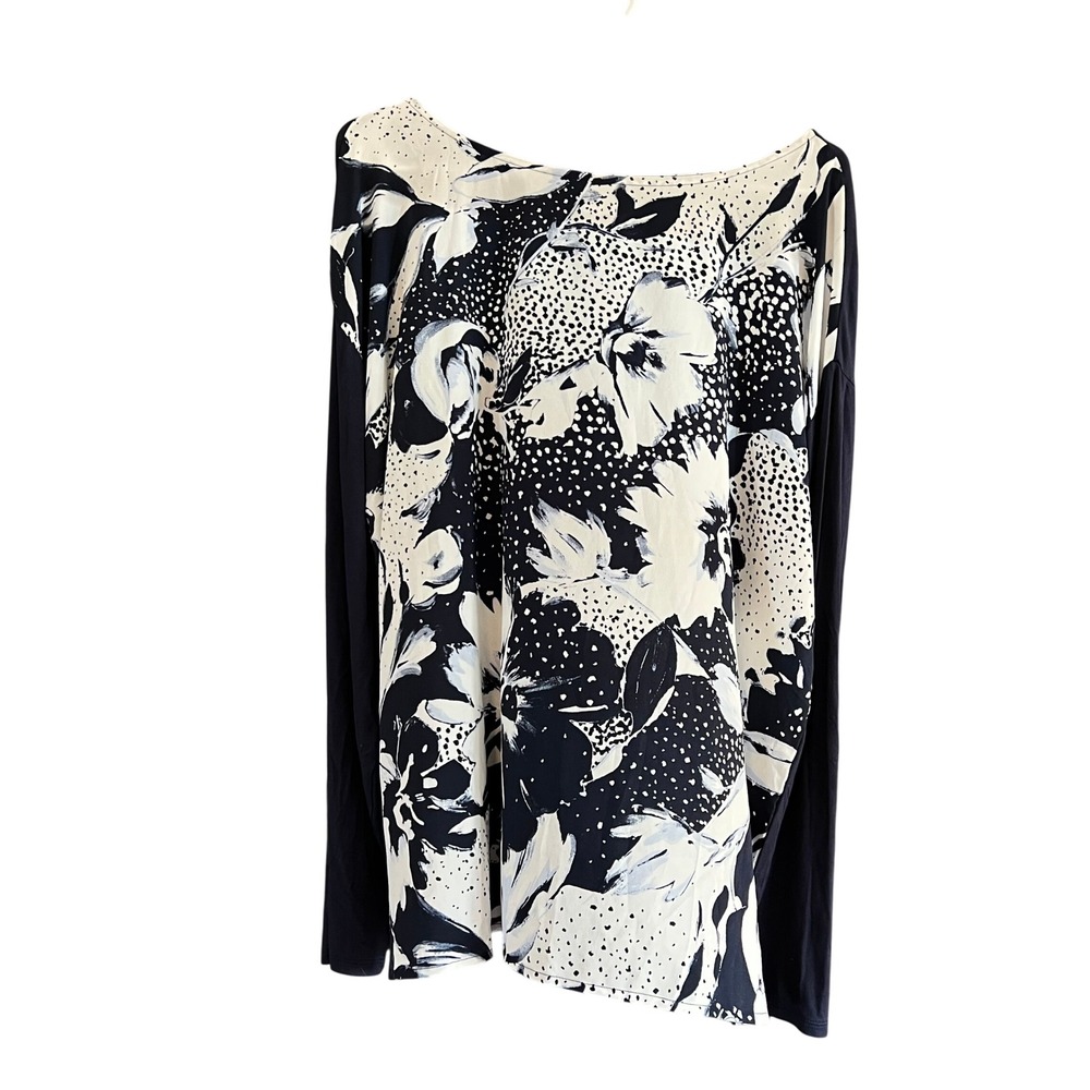Chicos Mixed Media Floral Polka Dot Top Navy Blue White Size 3 XL Long Sleeve